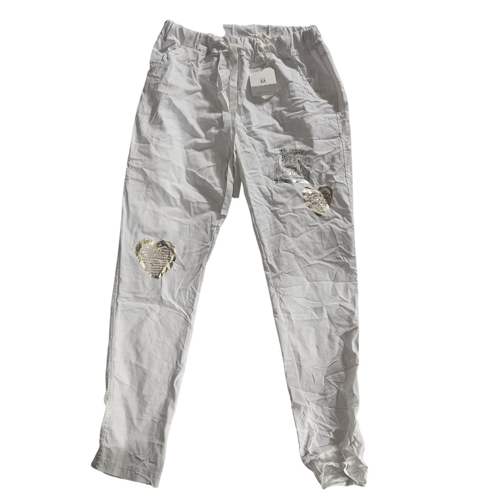 Milio Milano Pants Womens Medium White Twill Jogger Sequin Heart Elastic Italy